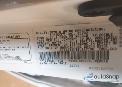 2002 Toyota Camry Le/Xle/Se from USA, damaged, VIN 4T1BE32K82U107198